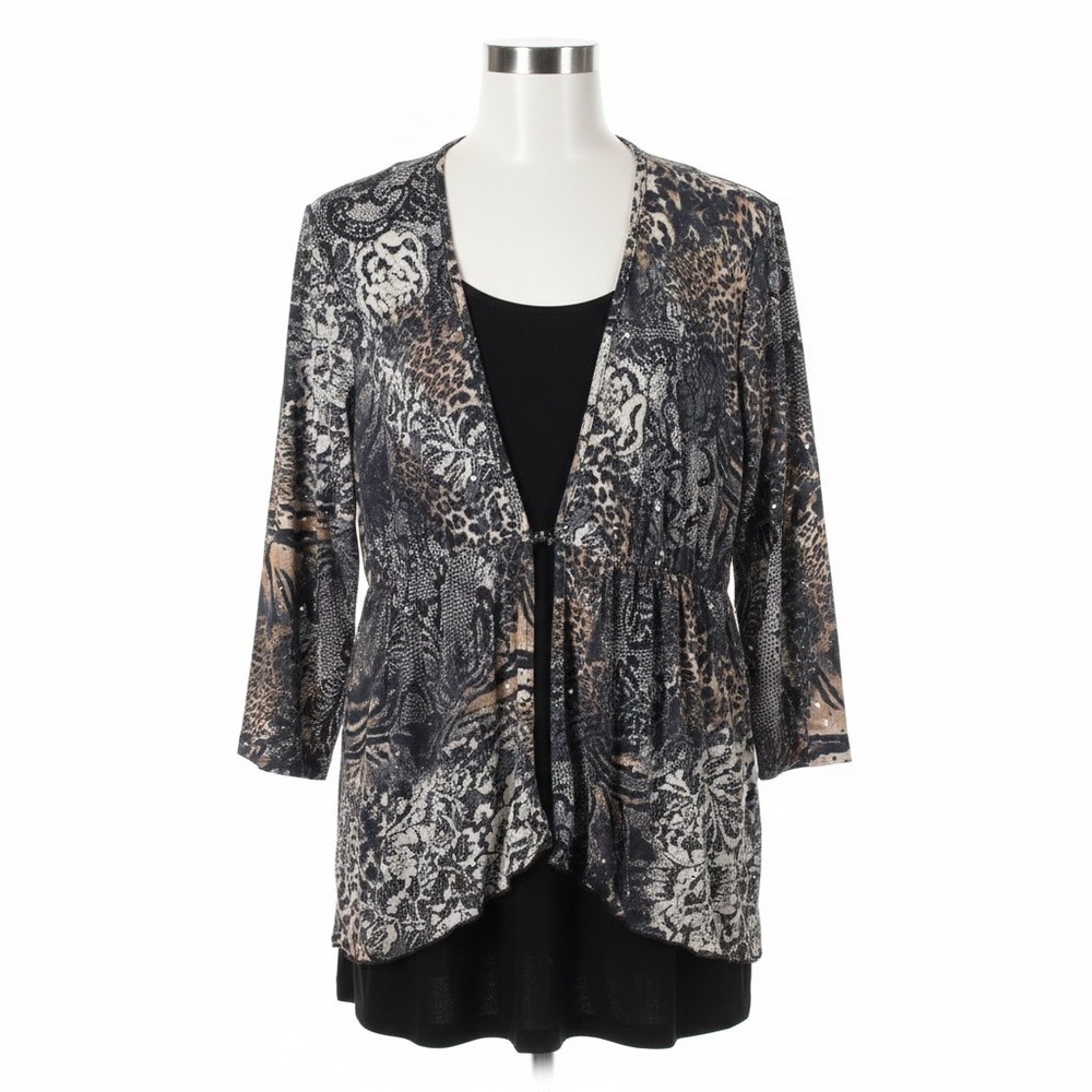 Keren Hart Open Cardigan Size L Duster Shrug Top Animal Print Black Gray Tan